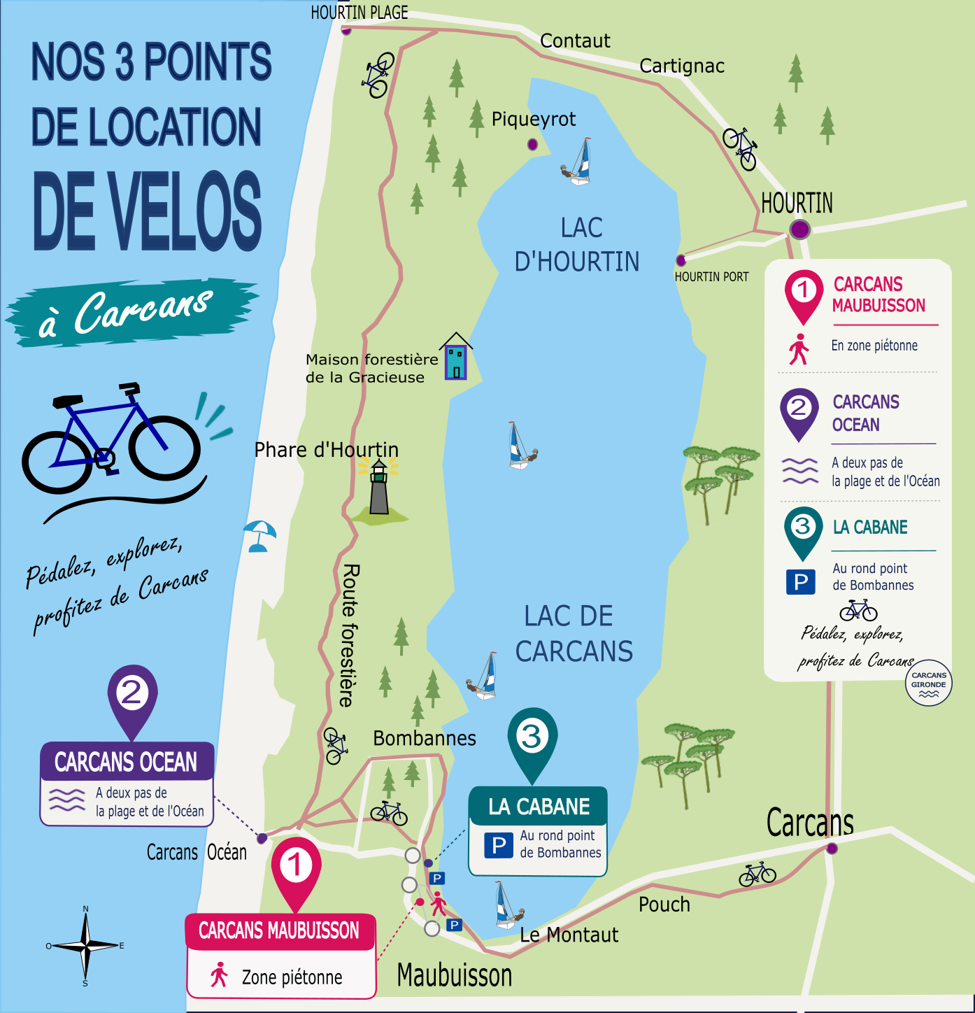 Carte des trois points de retrait Fun Bike à Carcans